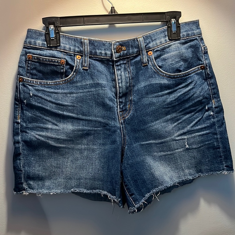 Madewell high rise denim shorts with cut off edge